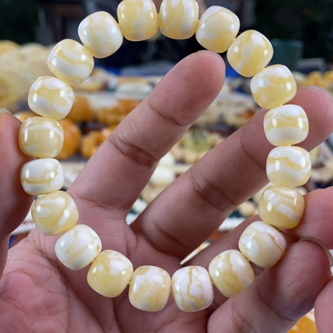 琥珀未镶嵌珠宝奇石11瓷白虎皮纹同料串15.83