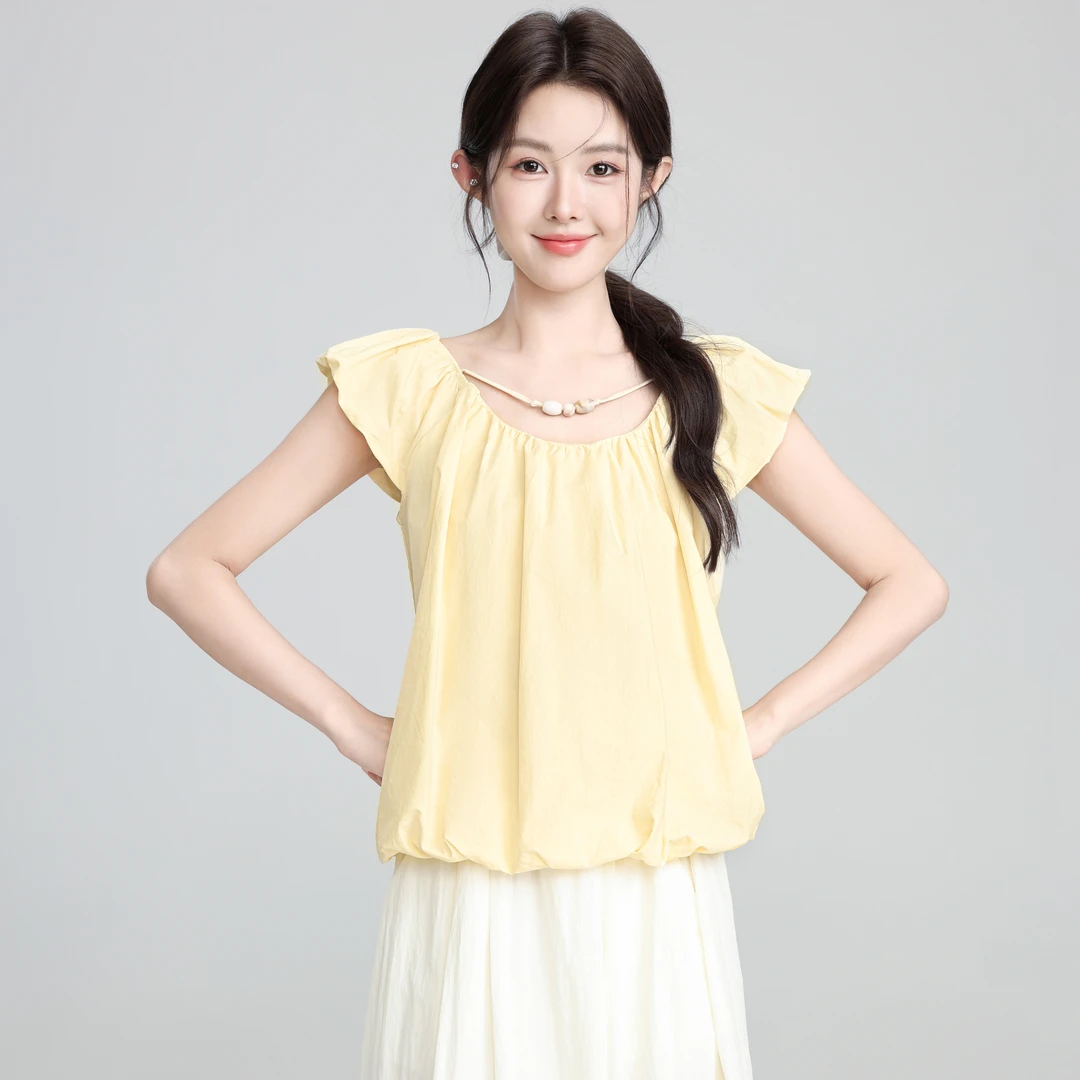 法式黄色短袖衬衫女2025夏季新款设计感小飞袖娃娃衫衬衣短款上衣