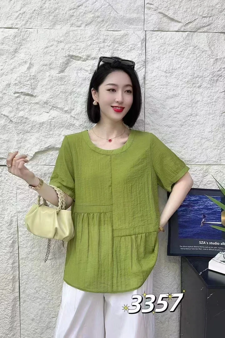 D-T0077短袖中老年女装简约薄款宽松纯色衬衫圆领短袖舒适短款