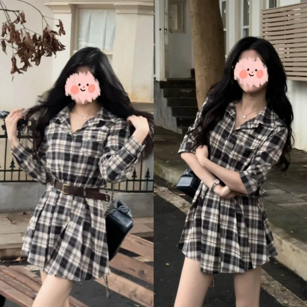 【viviA】2025初秋新款复古收腰格纹长袖衬衫连衣裙显瘦百搭裙子