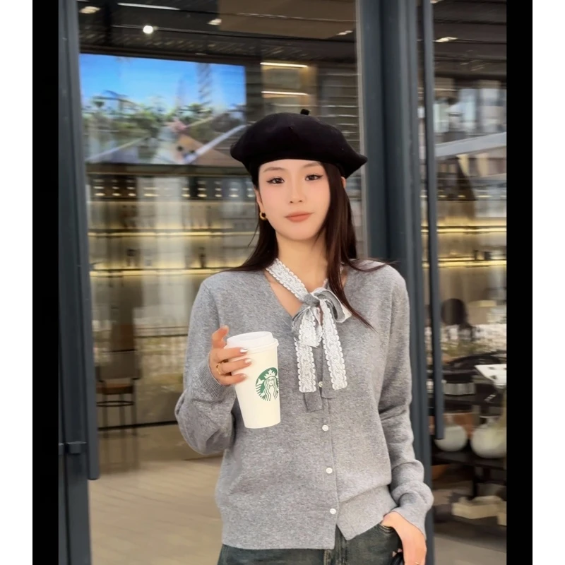 羊毛毛衣开衫女2025春季新款配飘带V领长袖上衣