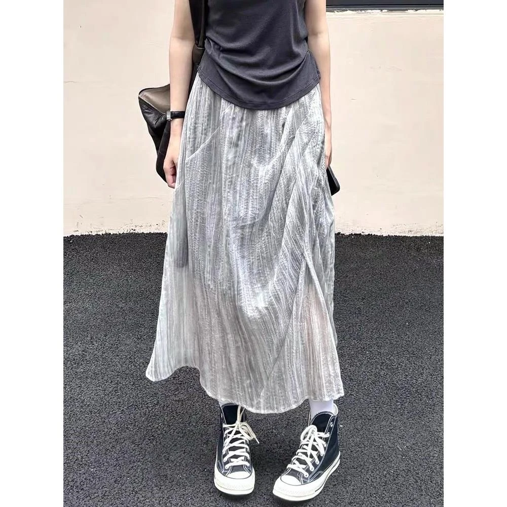 灰色褶皱纹理小众半身裙女夏季气质高腰显瘦a字仙女裙裙子百搭