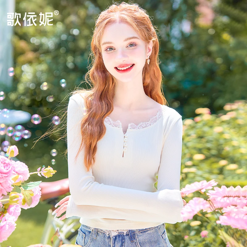 歌依妮秋冬新款女甜美白色蕾丝气质内搭针织打底衫长袖T恤衫上衣