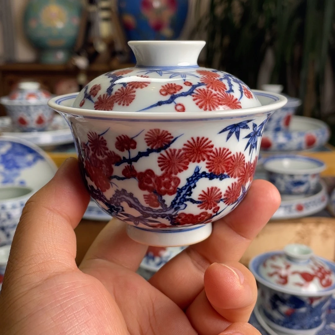 釉里红松竹梅盖碗微瑕