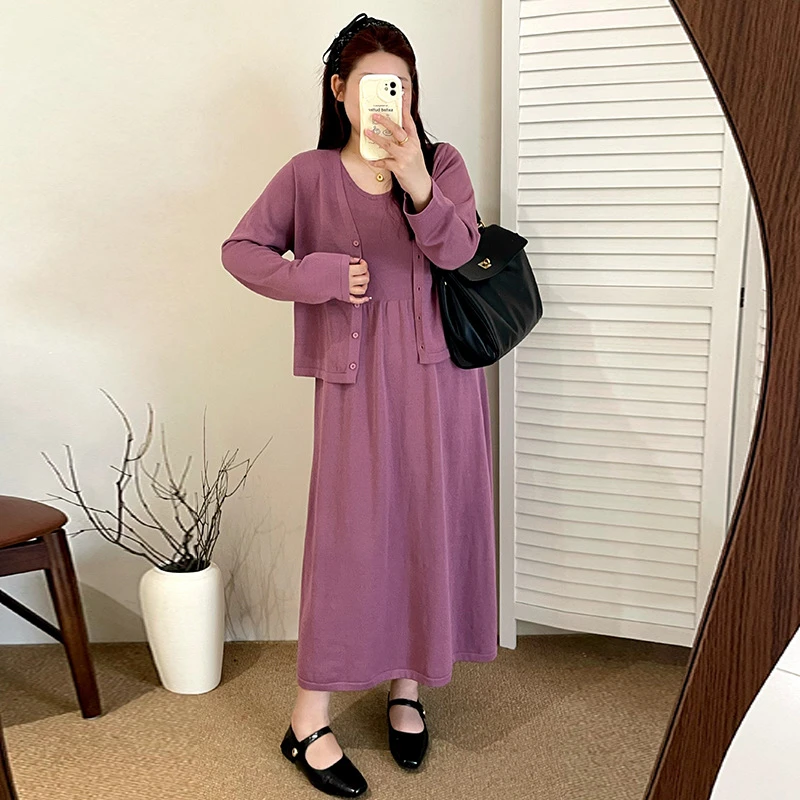 大码女装v领针织套装2025秋胖mm开衫女内搭背心连衣裙两件套23089