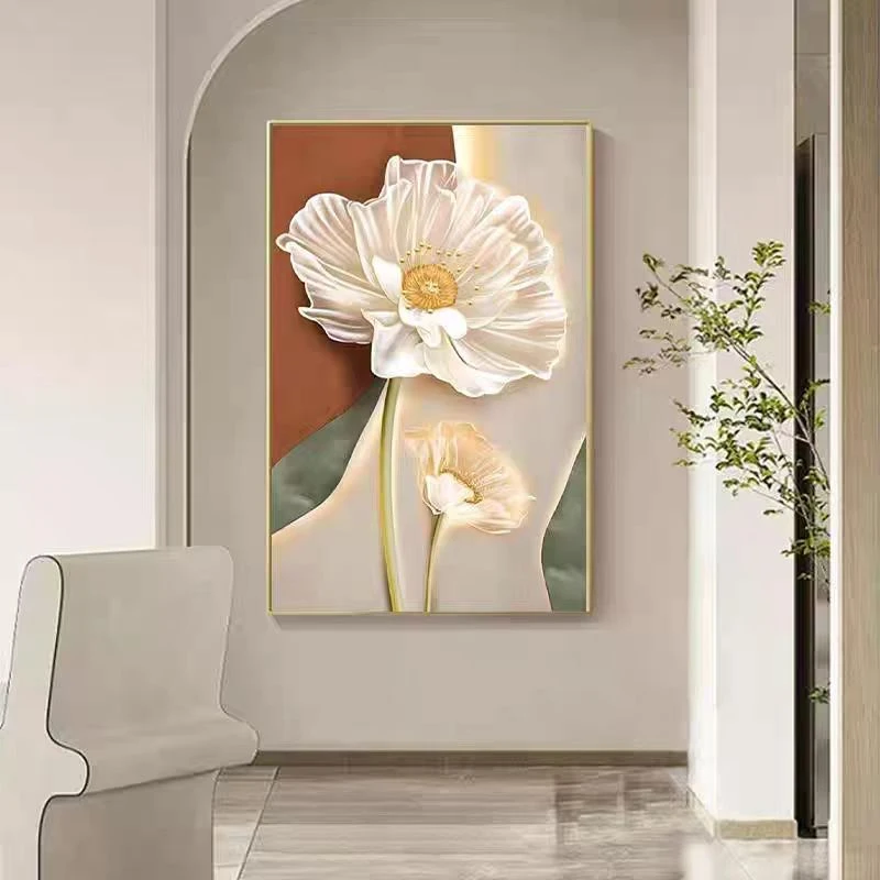 花开时运晶瓷哑光入户玄关装饰画北欧奶油风挂画客厅走廊过道尽头