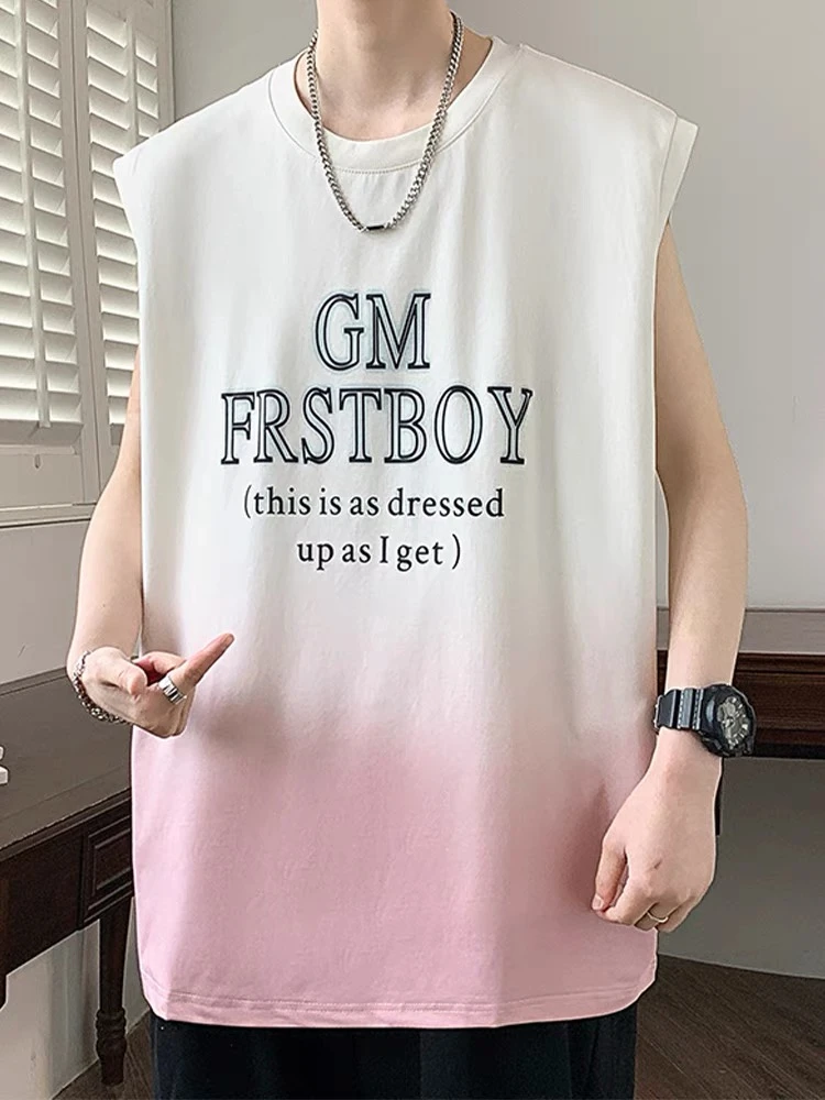 夏季男士潮流宽松运动无袖圆领坎肩背心外穿休闲T恤