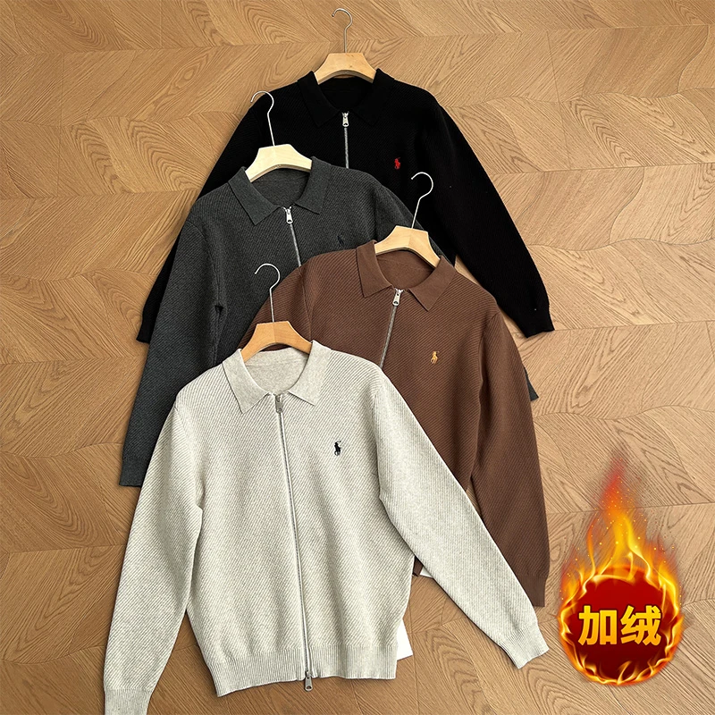 【老钱通勤】老钱风绣花加绒加厚长袖针织POLO衫开衫外套休闲毛衣潮