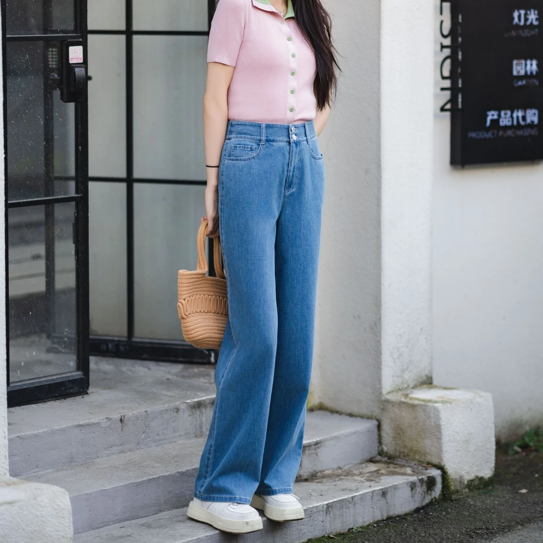 GIRDEAR/哥弟C位流量高腰两粒扣长裤丹宁风直筒显瘦牛仔裤1100457