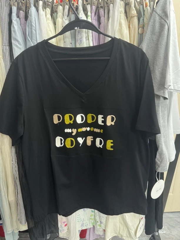 短袖3D抗起球字母不起球印花T恤半袖黑色女士潮流女