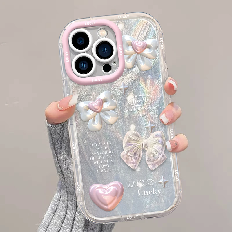 爱心蝴蝶结适用于苹果16手机壳oppo华为vivo羽纱奶油壳网红流行