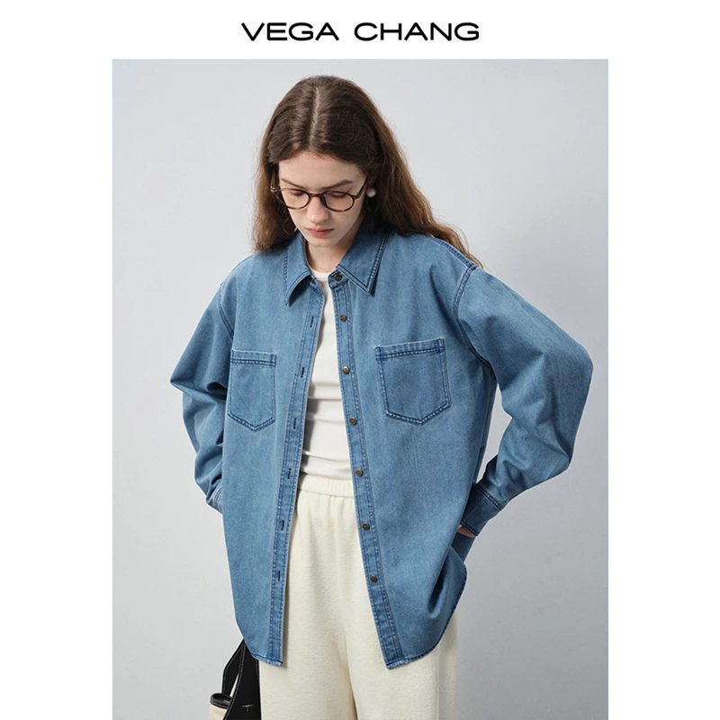VEGACHANG【丹宁新章】牛仔衬衫女2025新款秋季宽松叠搭上衣0542LW