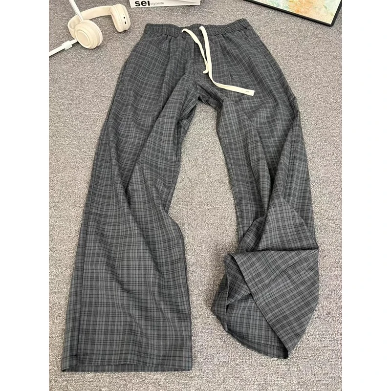 美式复古冰丝格子裤男生夏季薄款凉感速干裤子高腰阔腿休闲遛弯裤