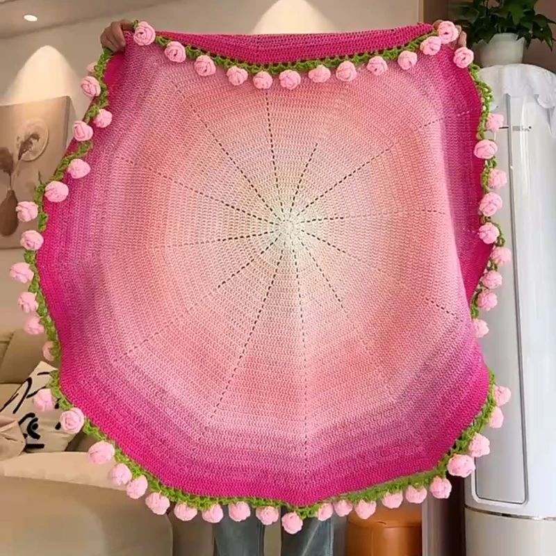 渐变玫瑰花束毯子DIY编织手工材料包自制花朵钩针解闷盖毯保暖