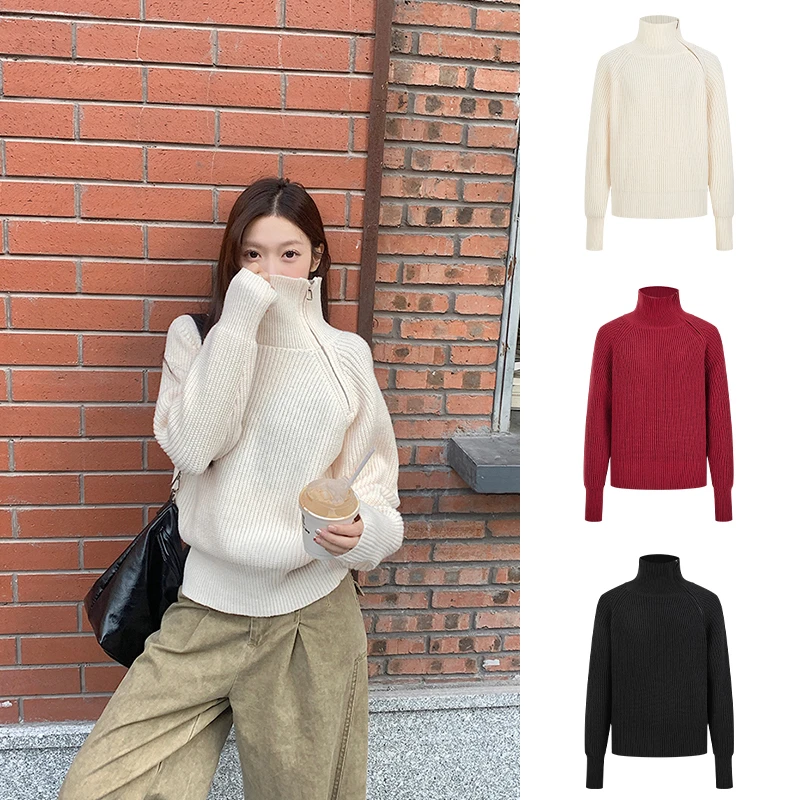 Moses Queen/魔西女王设计感立领不规则针织衫宽松短款显瘦上衣