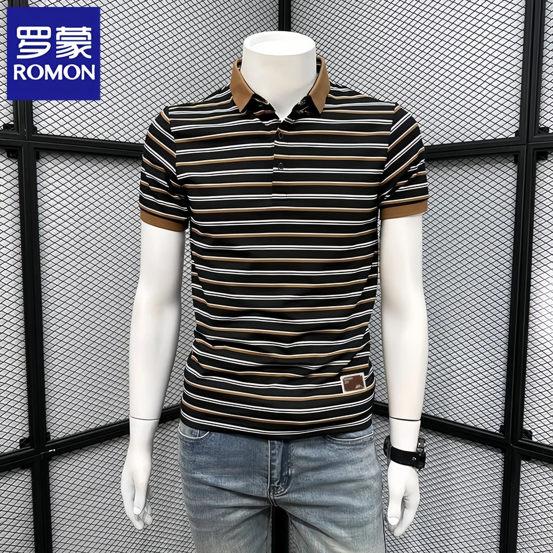 罗蒙条纹POLO衫男短袖t恤夏季新款休闲半袖时尚高端潮牌修身体恤