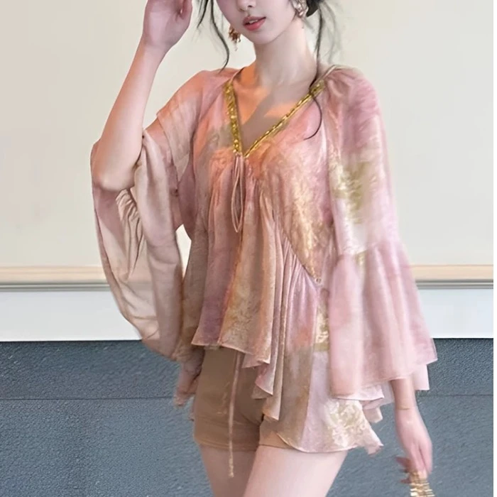 温柔风v领亮片碎花长袖雪纺衫女2025新款早春宽松小个子气质上衣