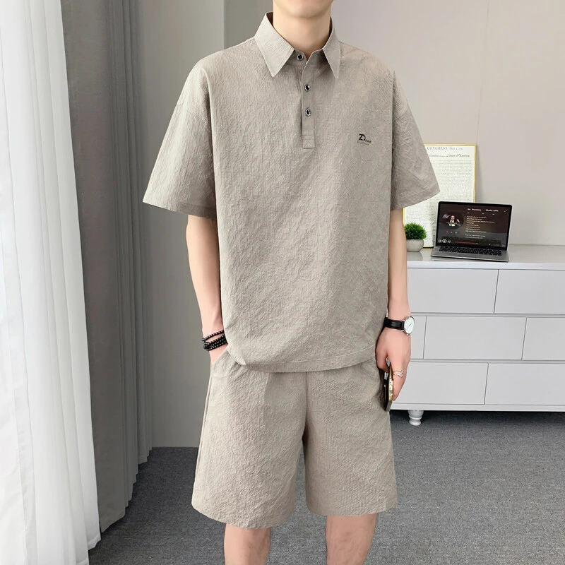 舒适短袖Polo衫男夏季潮牌翻领上衣2025新款青年时尚休闲两件套装