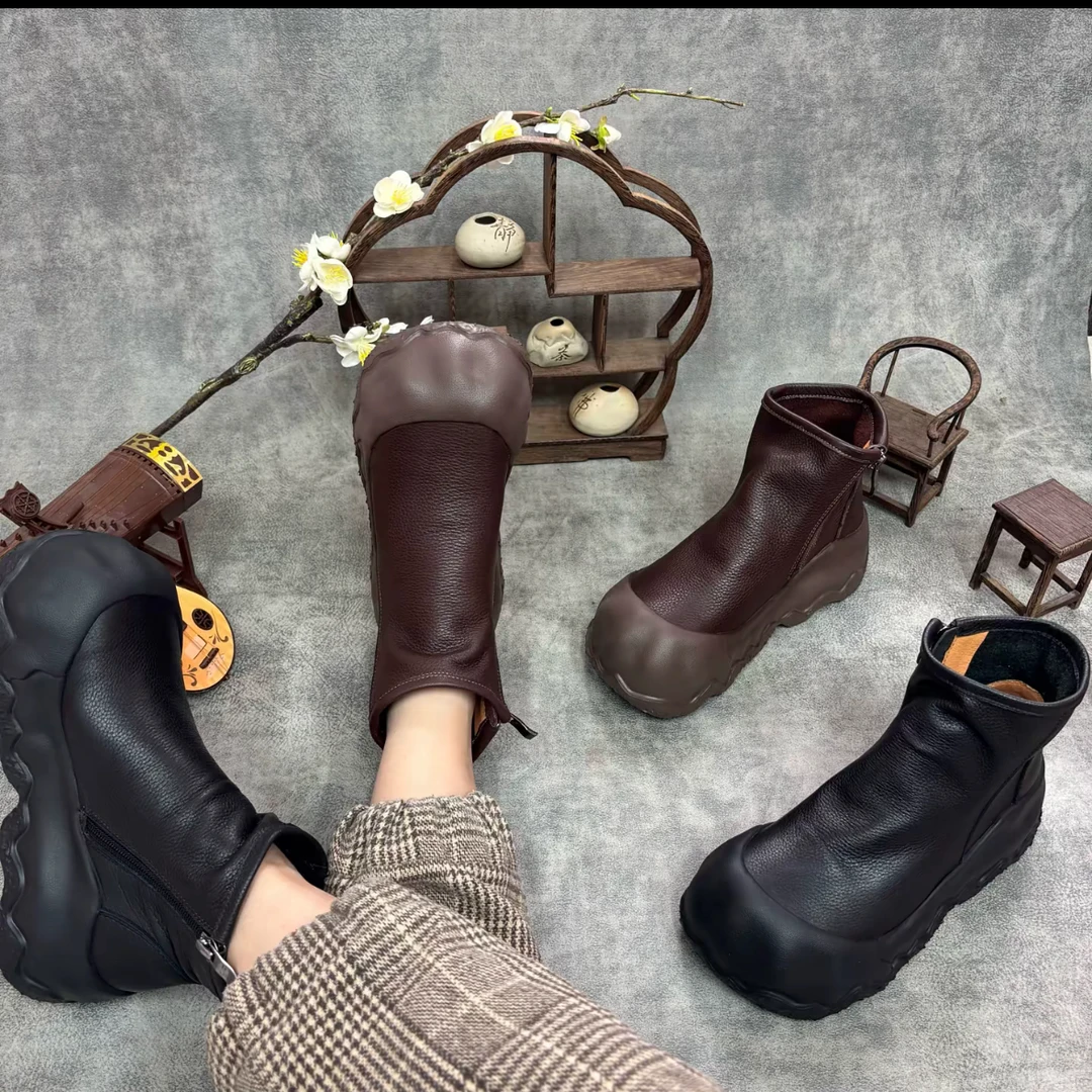 软底复古女靴短靴圆头民族风秋季侧拉链手工真皮女靴