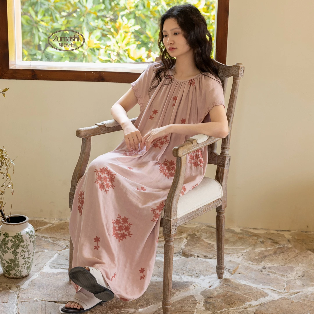 族玛士2025夏季新款女睡衣居家服甜美刺绣宽松大码竹纤维A类睡裙