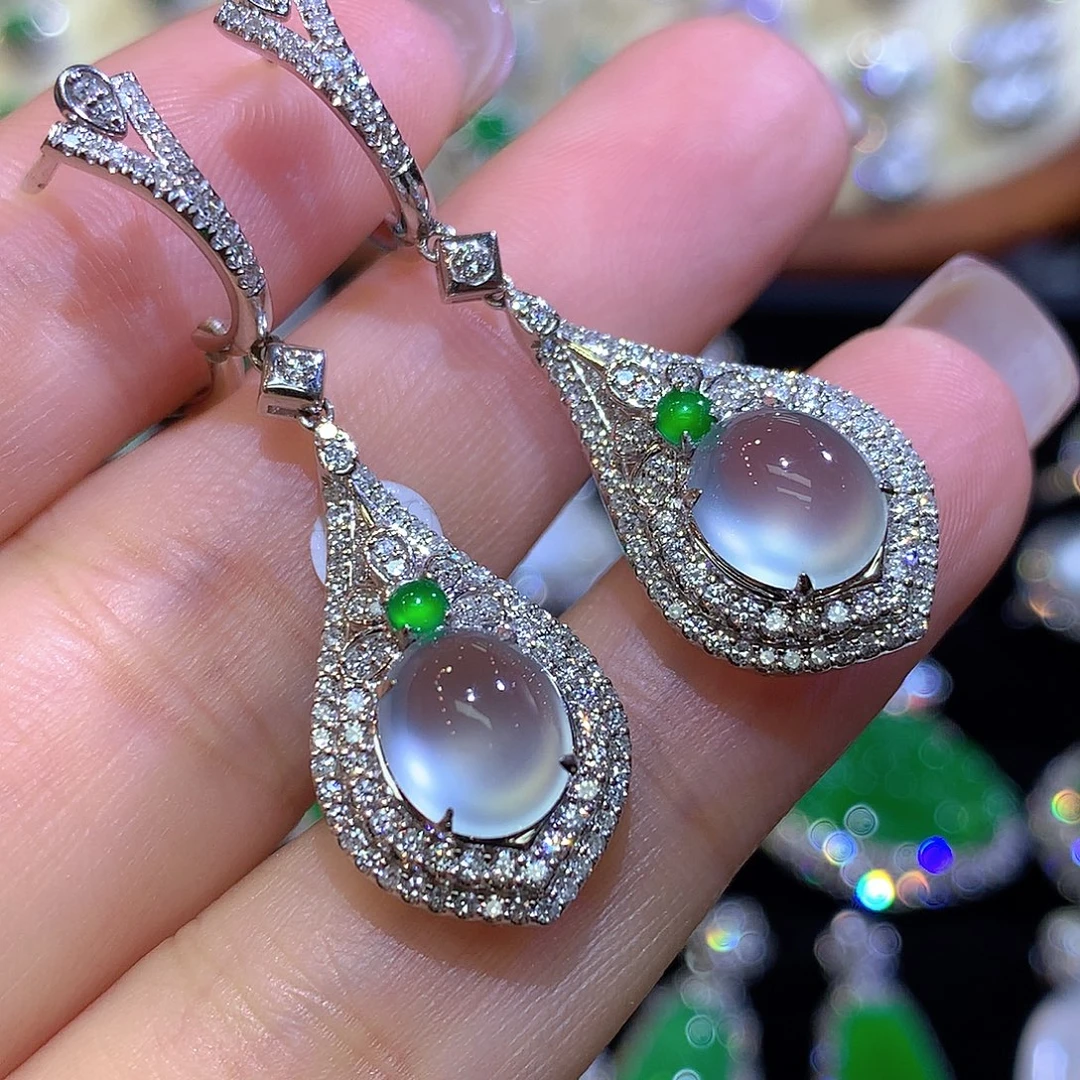 翡翠18K金镶嵌耳饰玻璃种蛋面耳坠