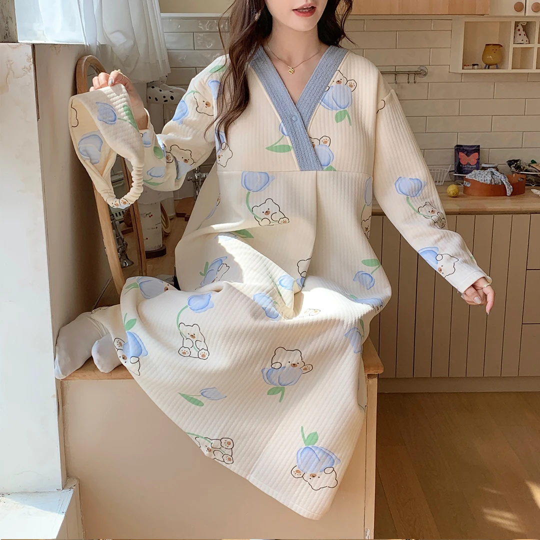 产妇入院待产裙孕妇哺乳睡裙秋冬带胸垫月子服春秋大码产房