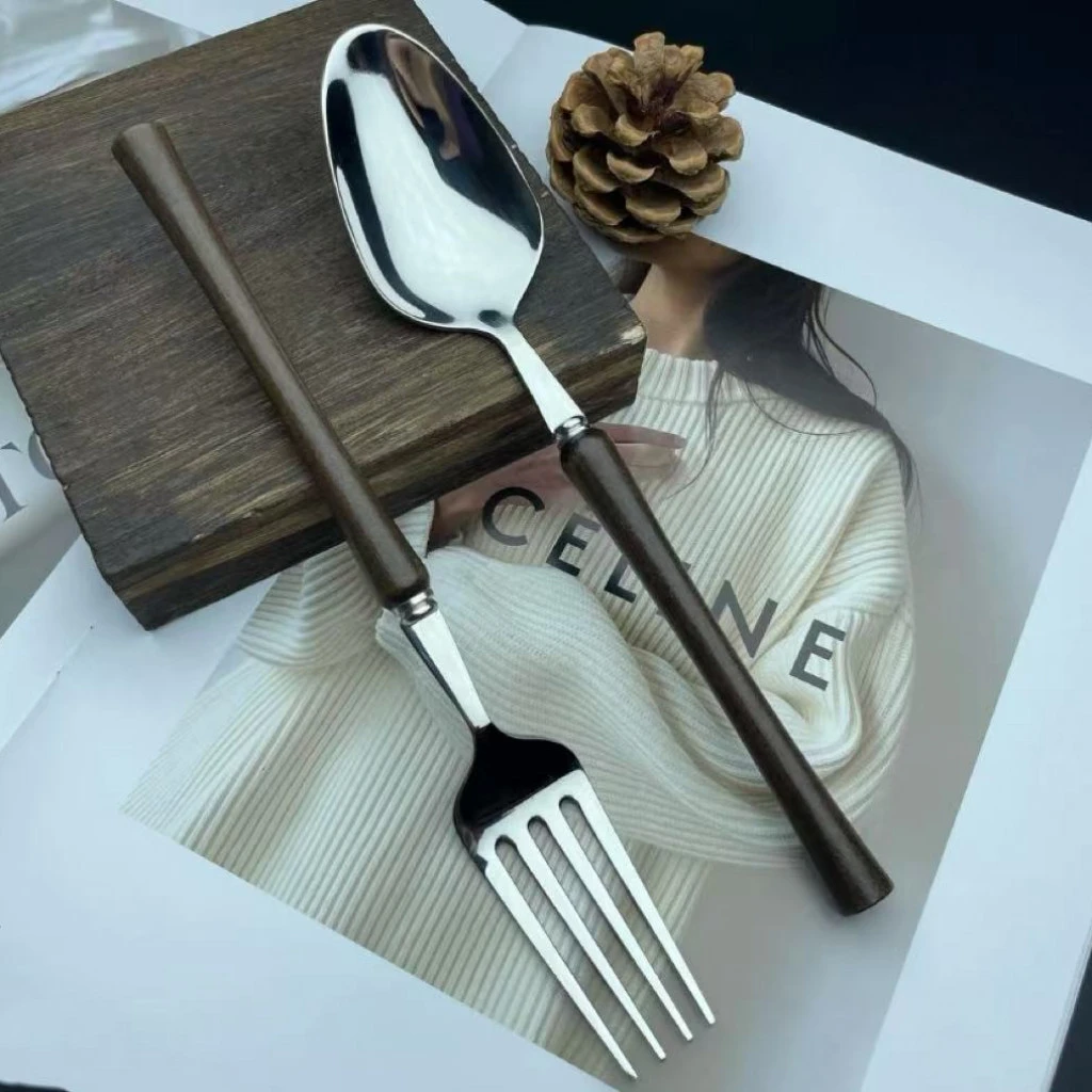 北欧复古轻奢木柄小蛮腰勺叉304不锈钢