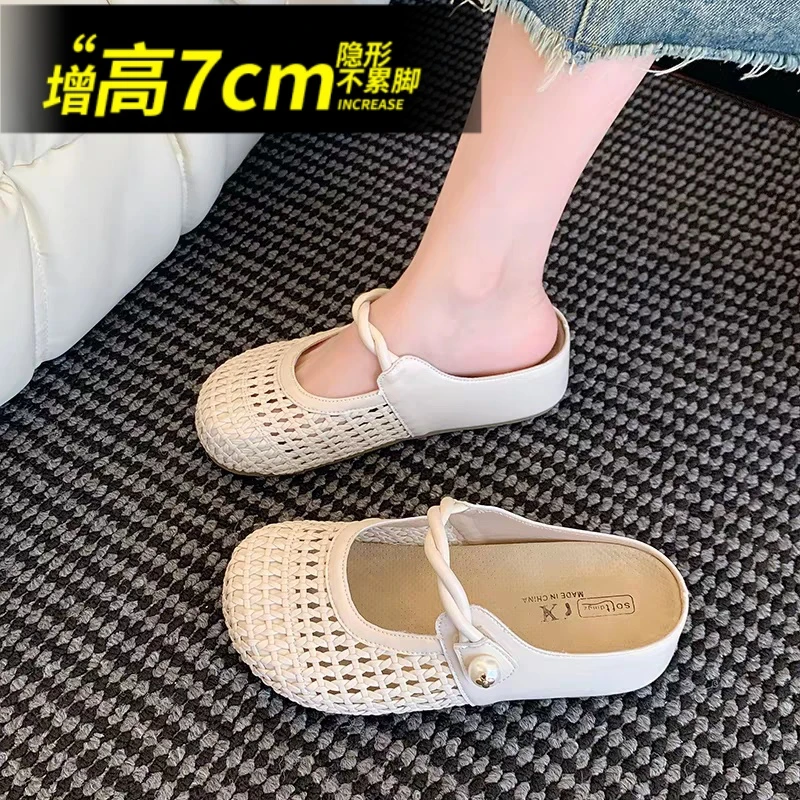 真皮内增高包头半拖鞋女夏外穿厚底镂空透气绝美配裙子凉拖单鞋34