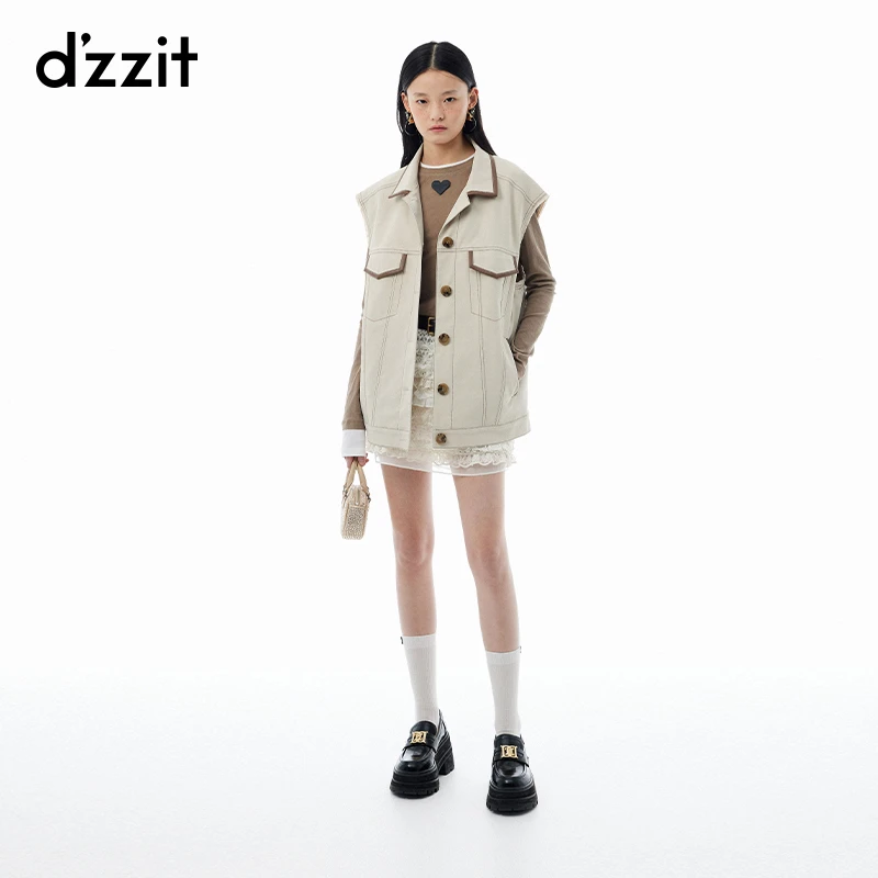 dzzit地素马夹春秋拼接环保皮包边宽松休闲无袖外套女3I3F011