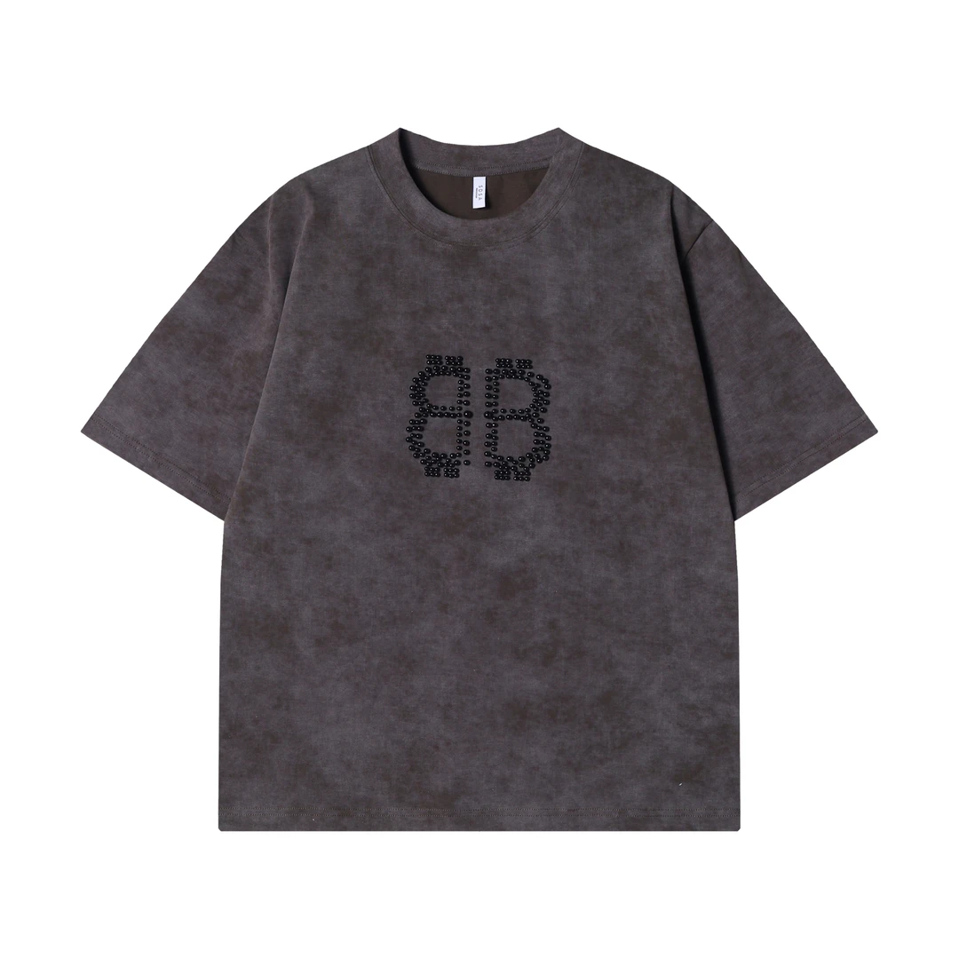 夏季新款时尚个性美式扎染字母珠子圆领短袖T恤百搭潮流简约上衣