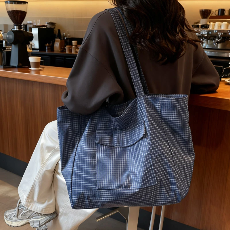 格子布包包女式2025新款潮时尚学生党上课通勤托特包大容量单肩包