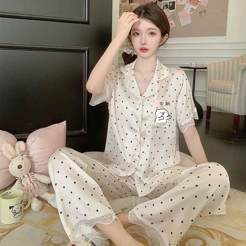 （俏美啦）夏季女士冰丝短袖款甜美波点可外穿睡衣家居服【编码D】