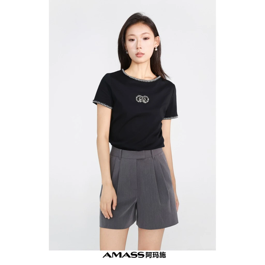 阿玛施 夏新款百搭气质休闲立体花边设计圆领短袖T恤530054