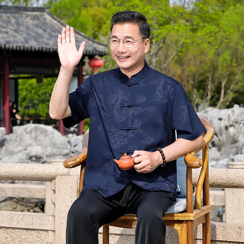 唐装男爸爸男士夏装冰丝短袖中国风衬衫夏季休闲爷爷套装汉服