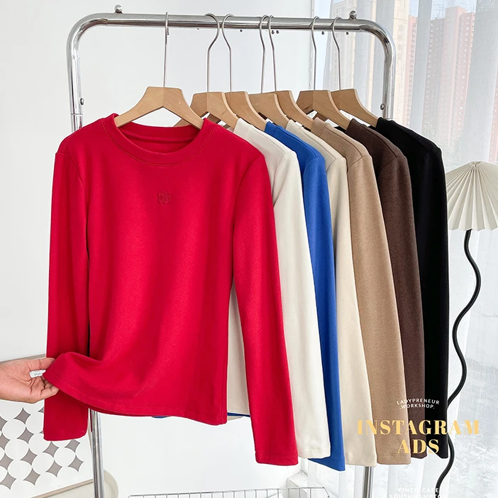 门店29&9！山茶花打底」天丝羊绒混纺加绒加厚圆领打底上衣女C25231