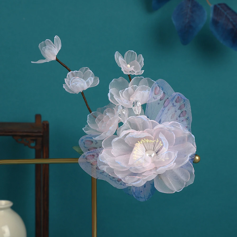 HF1334渐变粉色牡丹烫花森系甜美蝴蝶发夹汉服头饰