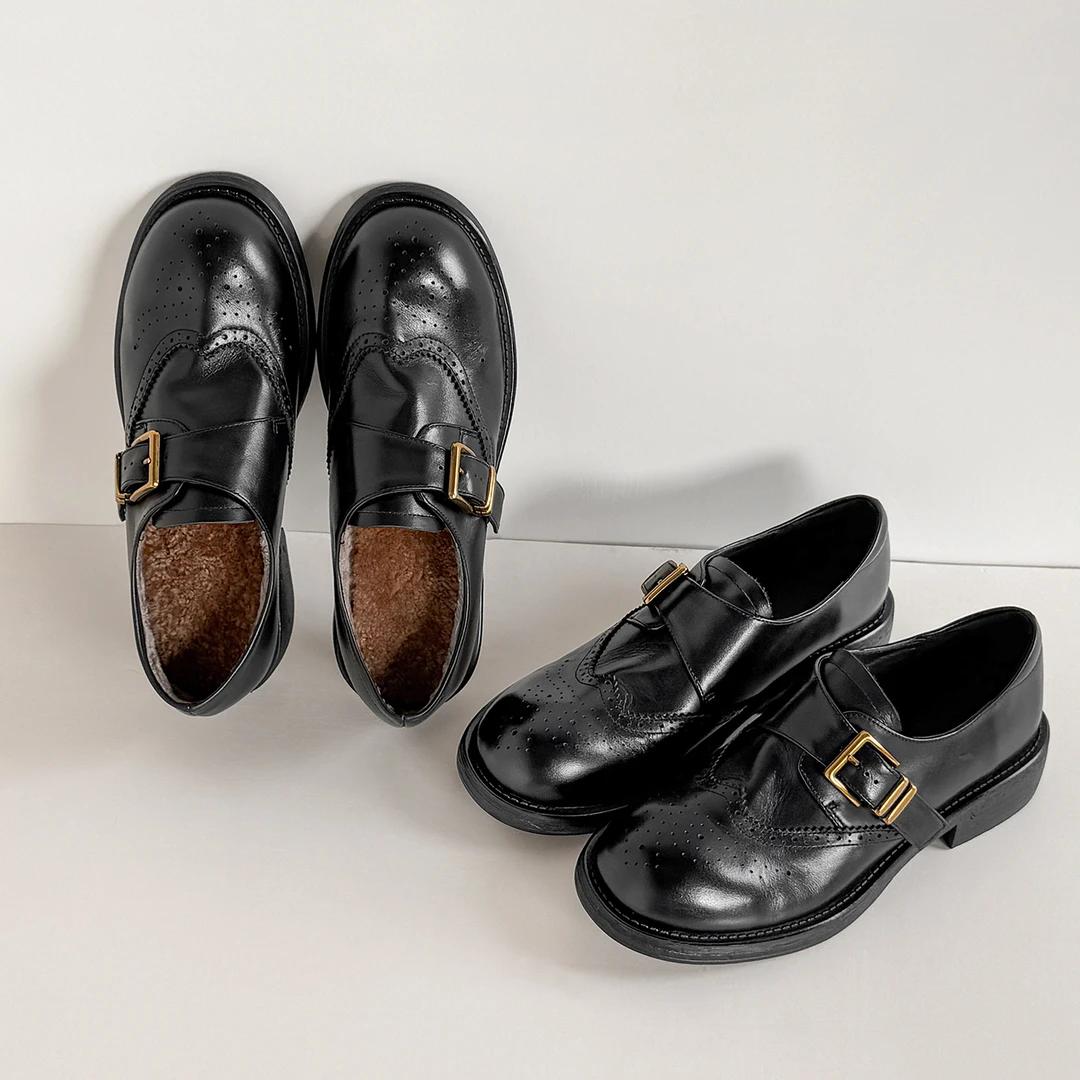 手工制作4.2cm静音底小皮鞋软底乐福鞋英伦风黑色百搭英伦搭扣