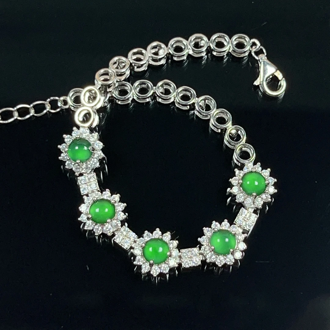 天然翡翠满绿冰种满绿S925银太阳花手链多颗高级精美气质百搭简约