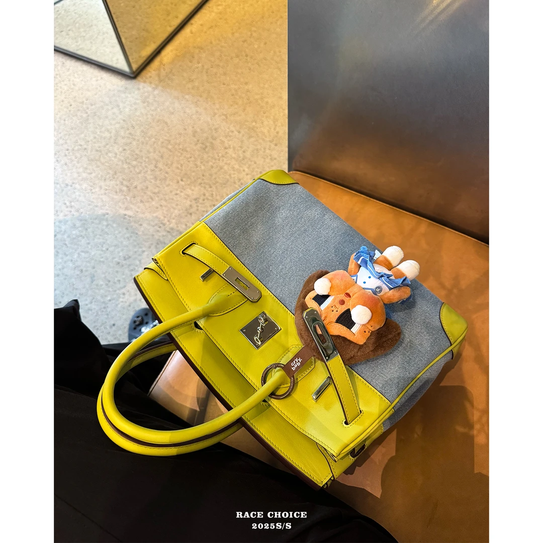 【不睡觉商店】茴香绿拼牛仔蓝色30cm复古手提铂金包高级感真皮女包