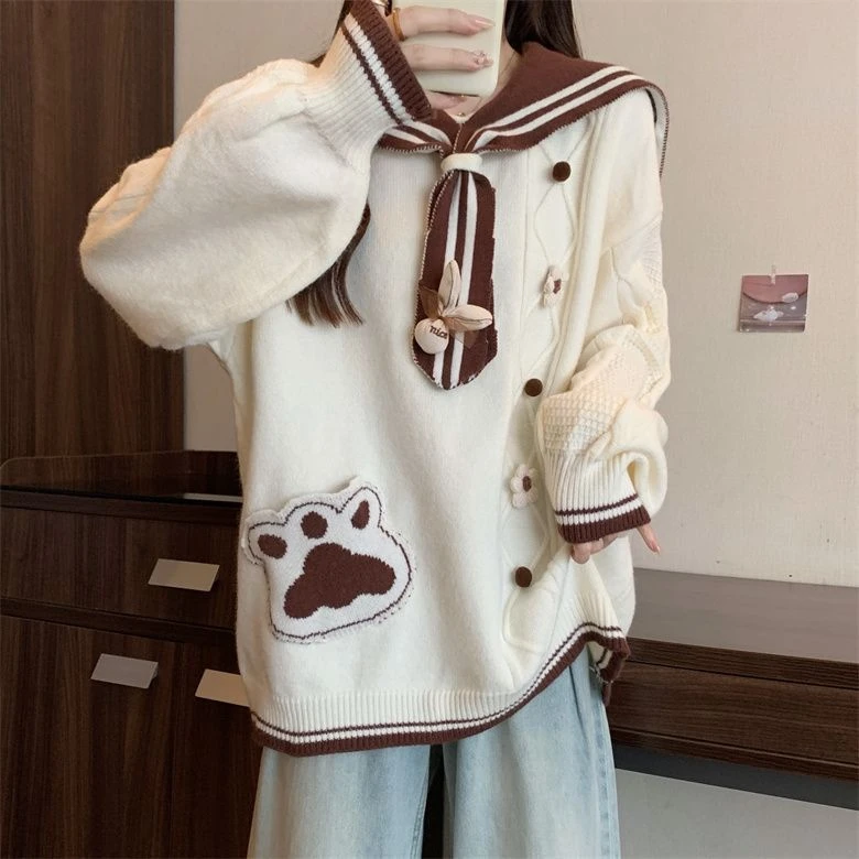 学院减龄针织衫毛衣大码女装2025秋冬新款胖mm中长款海军领上衣