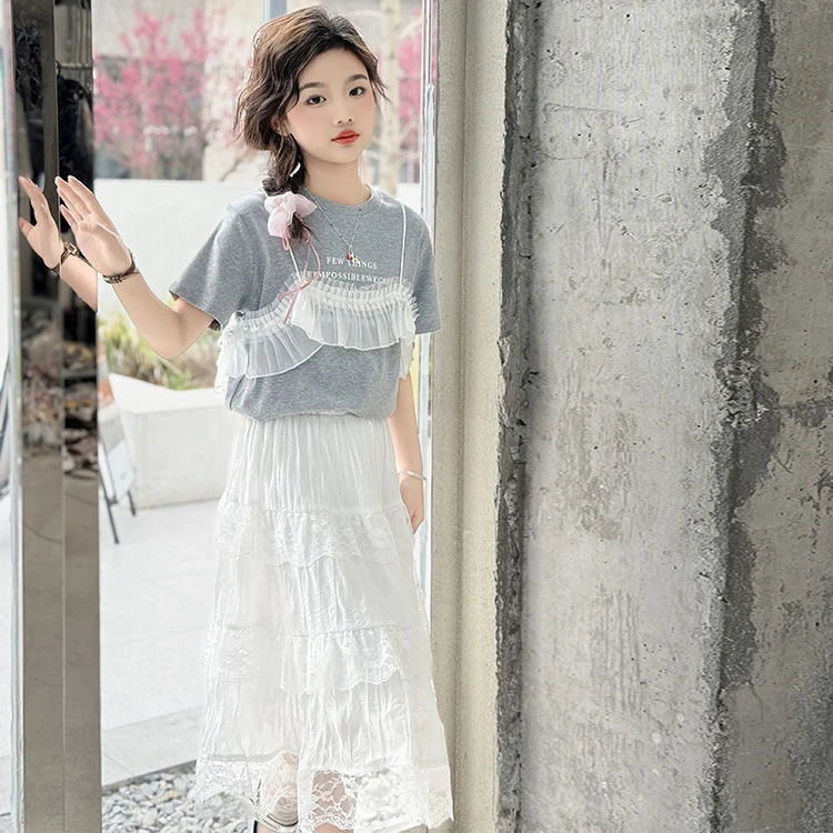 女童夏季短袖套装2025新款洋气时髦儿童夏装t恤女孩半身裙两件套