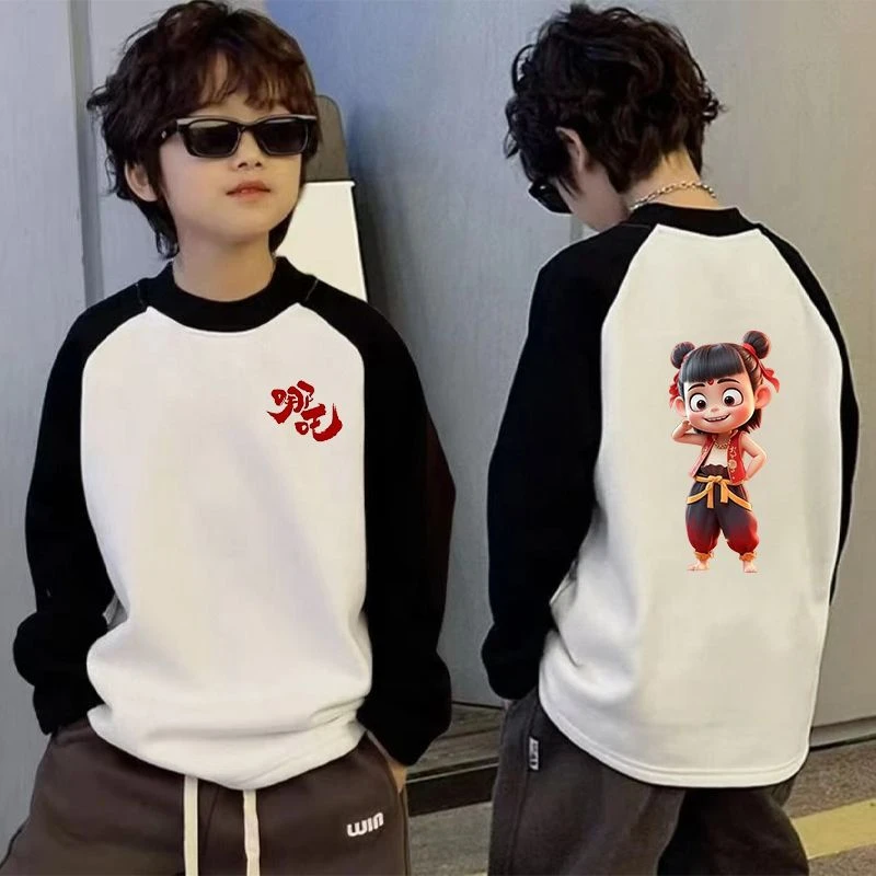 哪吒男童新款2025春秋纯棉T恤中大童打底拼肩袖儿童长袖上衣爆款