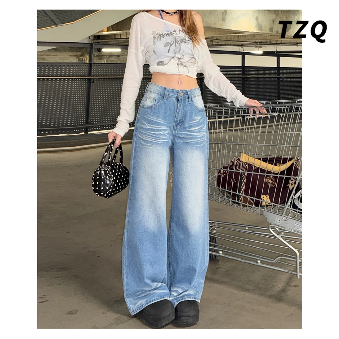 春季爆款做旧水洗牛仔裤2025新款拖地显瘦宽松阔腿裤子TZQ2532102