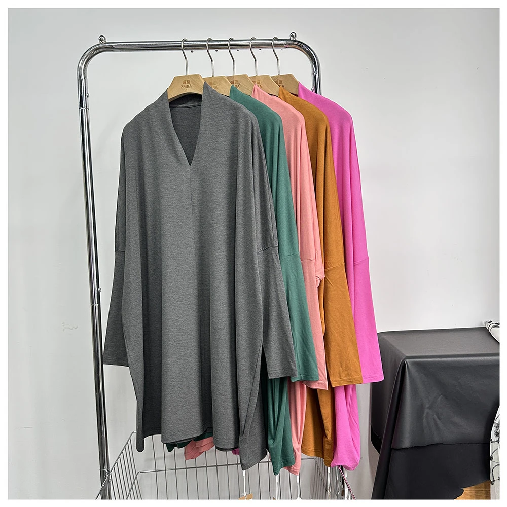 Q252  秋季新款女士休闲宽松中长款V领落肩拼接七分袖连衣裙女