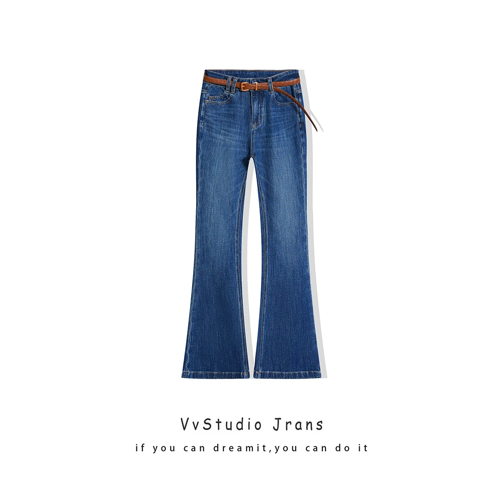 K80070秋冬丨港风微喇高腰直筒显瘦垂感筒叭裤时尚百搭弹力牛仔裤