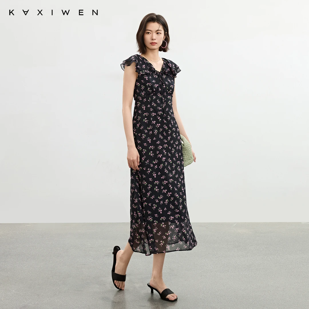 佧茜文优雅荷叶边碎花裙【夏新】浪漫甜美风V领连衣裙女D05BLW6100