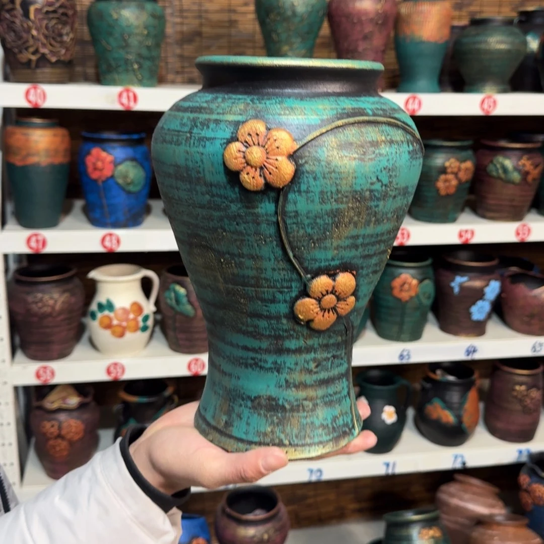 红陶红陶浮雕花盆炸炸炸