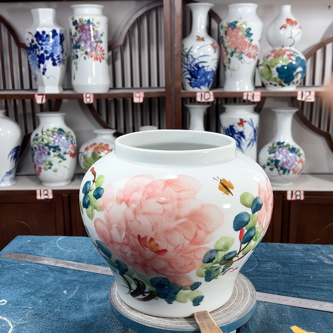 摆件景德镇陶瓷大口红牡花