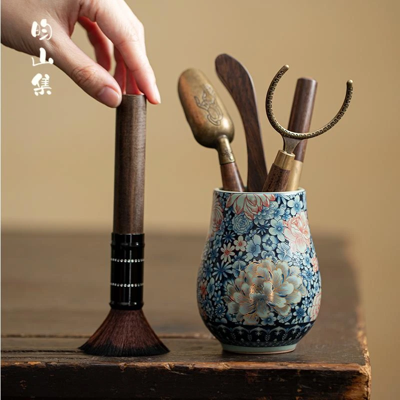 复古青花汝窑茶道六君子繁花茶具筒配件功夫泡茶工具茶勺茶刷茶刀