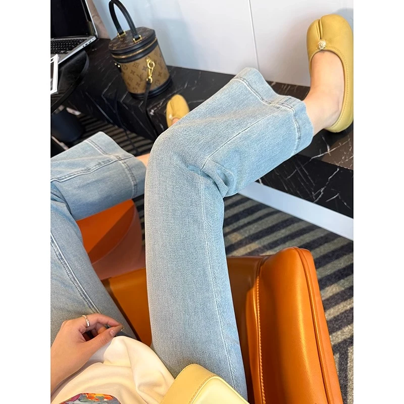 蓝色九分微喇裤2025春季新款梨形身材高腰显瘦小个子阔腿喇叭裤